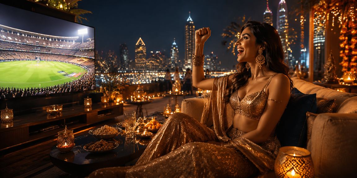 Indian player enjoying live casino on mobile device with festive lighting